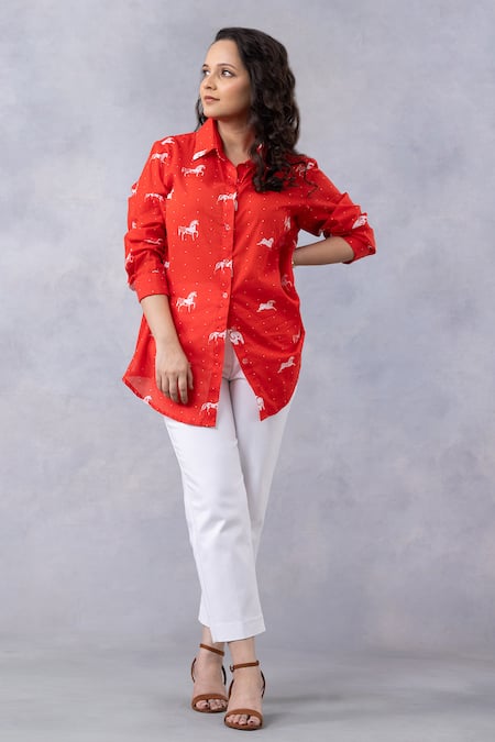 Buy_Thee Modern Roots_Red Cotton Collared Poppy Horse Print Mul Shirt _Online_at_Aza_Fashions