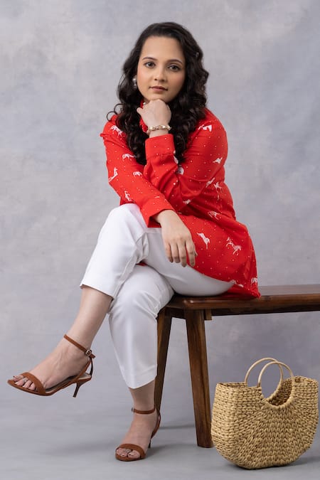Shop_Thee Modern Roots_Red Cotton Collared Poppy Horse Print Mul Shirt _Online_at_Aza_Fashions