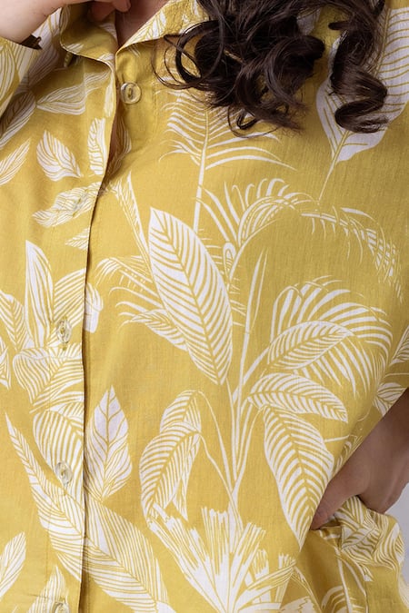 Thee Modern Roots_Yellow Cotton Collared Tropical Print Mul Shirt _Online_at_Aza_Fashions