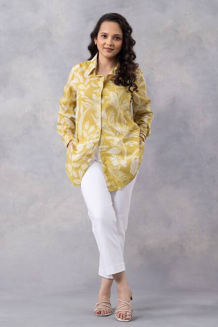 Buy_Thee Modern Roots_Yellow Cotton Collared Tropical Print Mul Shirt _Online_at_Aza_Fashions