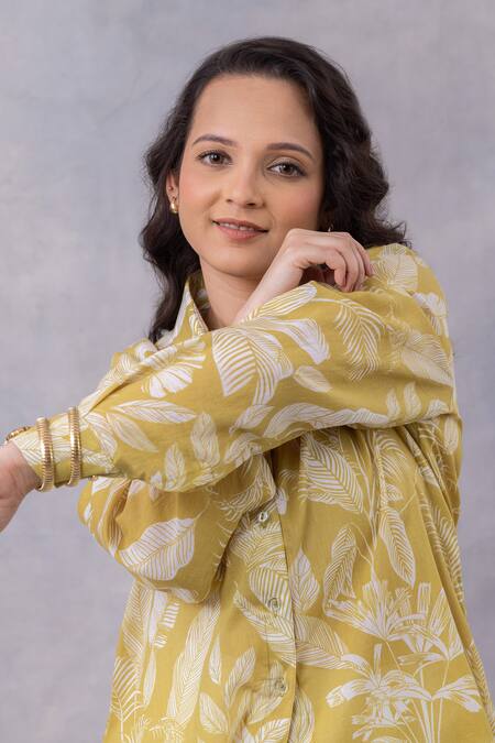 Thee Modern Roots_Yellow Cotton Collared Tropical Print Mul Shirt _at_Aza_Fashions