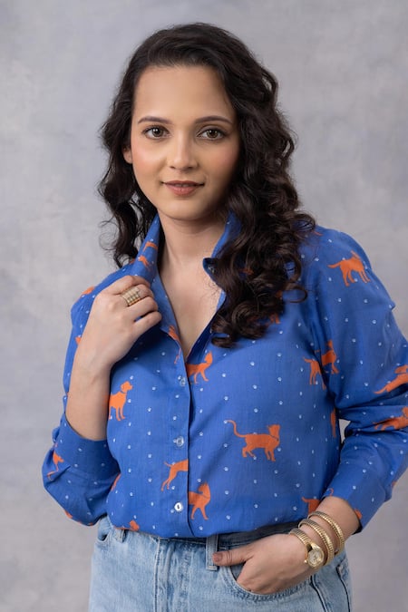 Thee Modern Roots_Cobalt Cotton Collared Paws And Tails Mul Printed Shirt _Online_at_Aza_Fashions