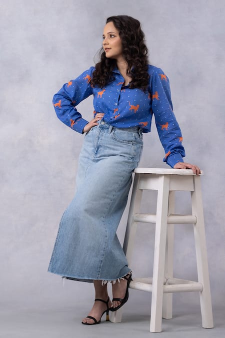 Shop_Thee Modern Roots_Cobalt Cotton Collared Paws And Tails Mul Printed Shirt _Online_at_Aza_Fashions