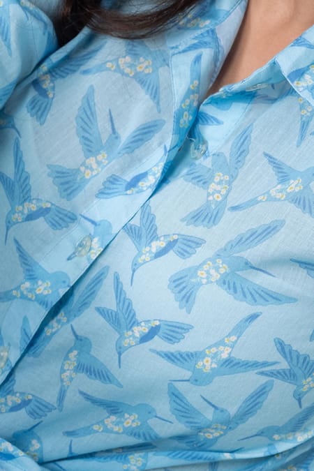 Thee Modern Roots_Blue Cotton Collared Floral Flight Mul Printed Shirt _Online_at_Aza_Fashions