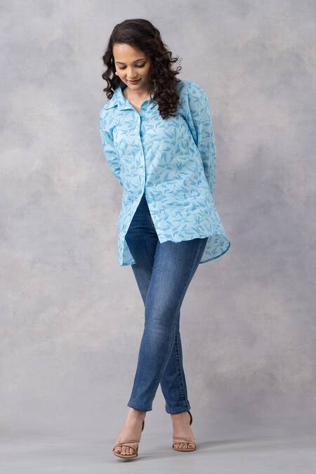 Buy_Thee Modern Roots_Blue Cotton Collared Floral Flight Mul Printed Shirt _Online_at_Aza_Fashions
