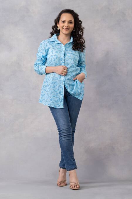 Shop_Thee Modern Roots_Blue Cotton Collared Floral Flight Mul Printed Shirt _Online_at_Aza_Fashions