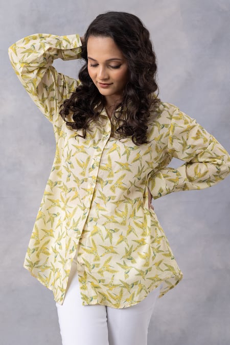 Thee Modern Roots Yellow Cotton Collared Buttercup Floral Flight Mul Printed Shirt