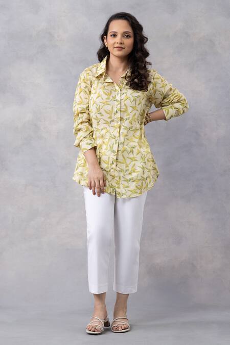 Thee Modern Roots_Yellow Cotton Collared Buttercup Floral Flight Mul Printed Shirt _Online_at_Aza_Fashions