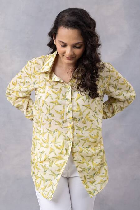 Shop_Thee Modern Roots_Yellow Cotton Collared Buttercup Floral Flight Mul Printed Shirt _Online_at_Aza_Fashions