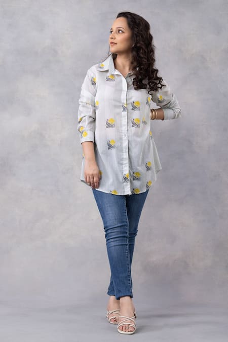 Thee Modern Roots_Gray Cotton Collared Light Grey Floral Stripe Mul Printed Shirt _Online_at_Aza_Fashions