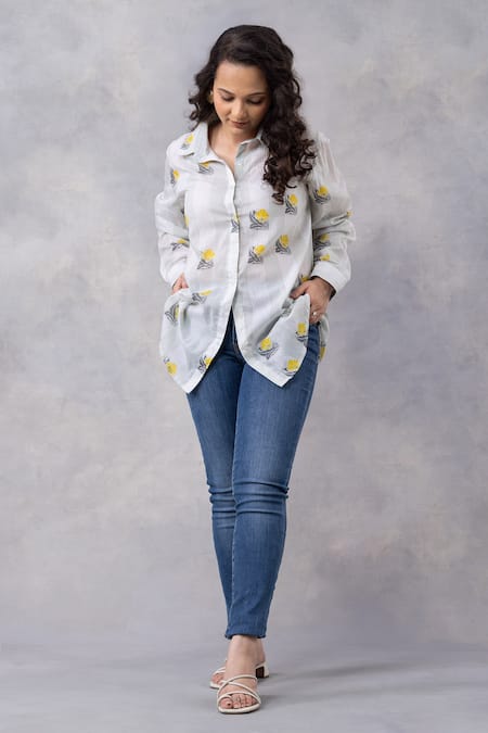 Buy_Thee Modern Roots_Gray Cotton Collared Light Grey Floral Stripe Mul Printed Shirt _Online_at_Aza_Fashions