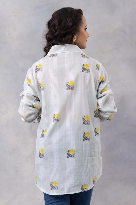 Thee Modern Roots Light Grey Floral Stripe Cotton Mul Printed Shirt 