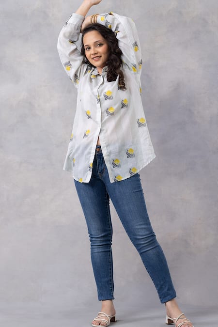 Shop_Thee Modern Roots_Gray Cotton Collared Light Grey Floral Stripe Mul Printed Shirt _Online_at_Aza_Fashions