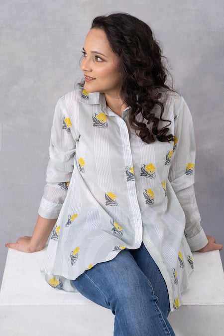 Thee Modern Roots Gray Cotton Collared Light Grey Floral Stripe Mul Printed Shirt 
