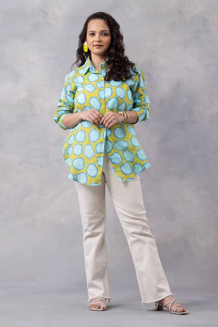 Thee Modern Roots_Yellow Cotton Collared Mango Polka Print Mul Shirt _Online_at_Aza_Fashions