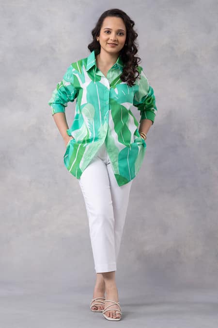 Thee Modern Roots_Green Cotton Collared Tropical Mul Printed Shirt _Online_at_Aza_Fashions