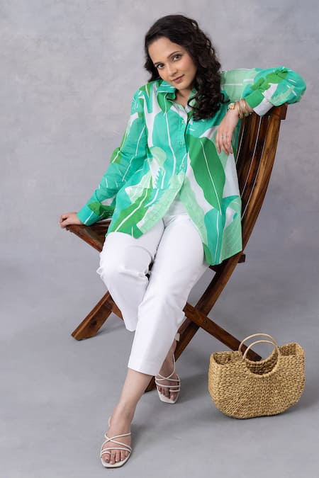 Buy_Thee Modern Roots_Green Cotton Collared Tropical Mul Printed Shirt _Online_at_Aza_Fashions