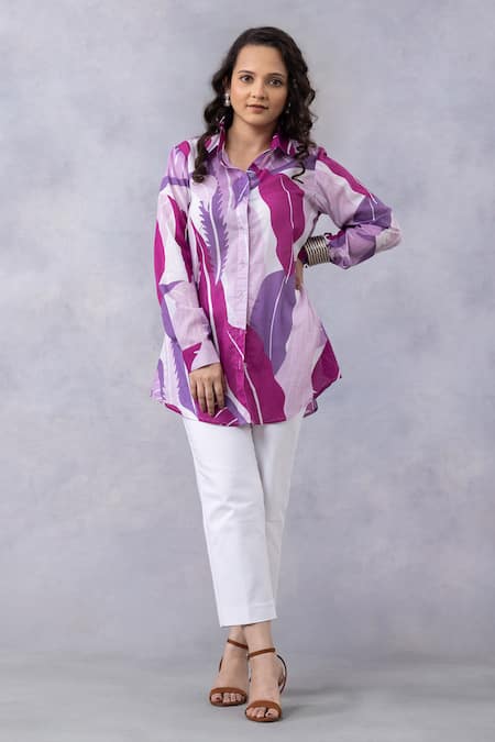 Thee Modern Roots_Lavender Cotton Collared Tropical Print Shirt _Online_at_Aza_Fashions