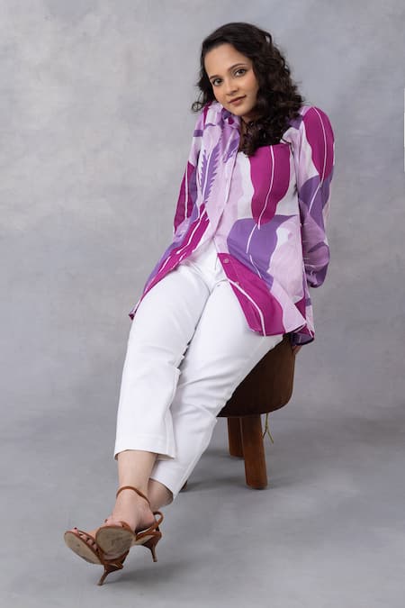 Shop_Thee Modern Roots_Lavender Cotton Collared Tropical Print Shirt _Online_at_Aza_Fashions