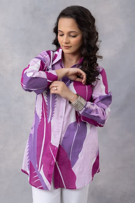 Thee Modern Roots_Lavender Cotton Collared Tropical Print Shirt _at_Aza_Fashions