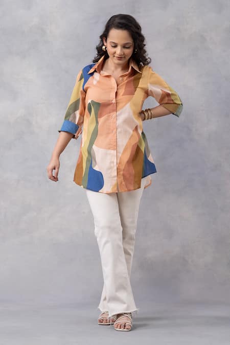 Buy_Thee Modern Roots_Multi Color Cotton Collared Sandstone Print Shirt _Online_at_Aza_Fashions