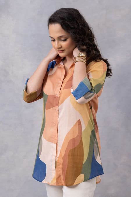Shop_Thee Modern Roots_Multi Color Cotton Collared Sandstone Print Shirt _Online_at_Aza_Fashions