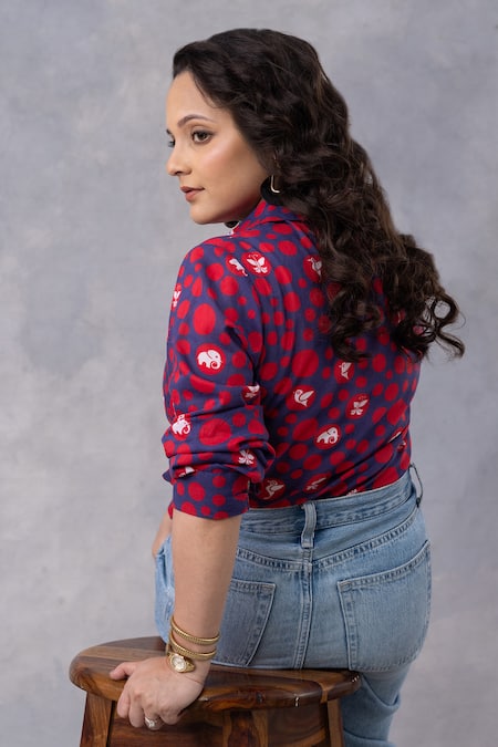 Thee Modern Roots Ink Blue Dot Parade Print Cotton Mul Shirt 