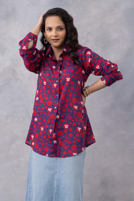 Shop_Thee Modern Roots_Blue Cotton Collared Ink Dot Parade Print Mul Shirt _Online_at_Aza_Fashions