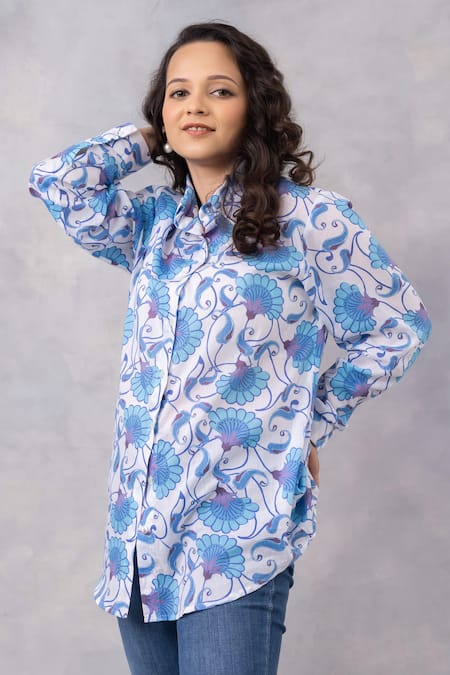 Thee Modern Roots_Blue Cotton Collared Powder Vine Mul Shirt _Online_at_Aza_Fashions