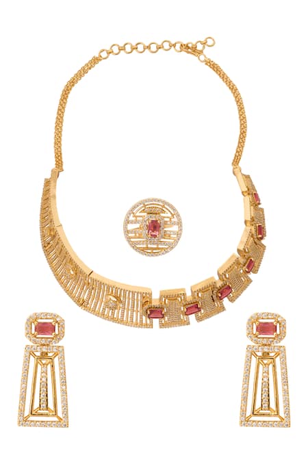 Nazaakat By Samara Singh Gold & Ruby Embellished Necklace Set 