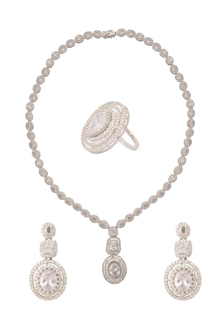 Nazaakat By Samara Singh Silver & White Embellished Necklace Set 
