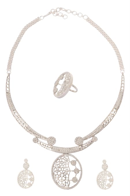 Nazaakat By Samara Singh Silver & White Embellished Necklace Set 