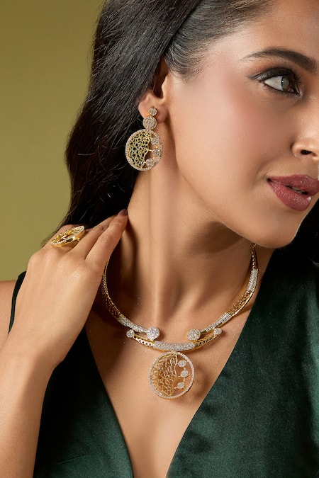 Shop_Nazaakat By Samara Singh_Gold Plated Imitation Diamonds Stone Embellished Necklace Set 