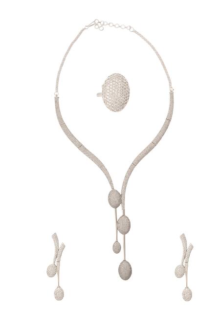 Shop Nazaakat By Samara Singh Silver Plated Faux , Stone Embellished Necklace Set at Aza Fashions Shop_Nazaakat By Samara Singh_Silver Plated Faux , Stone Embellished Necklace Set_at_Aza_Fashions