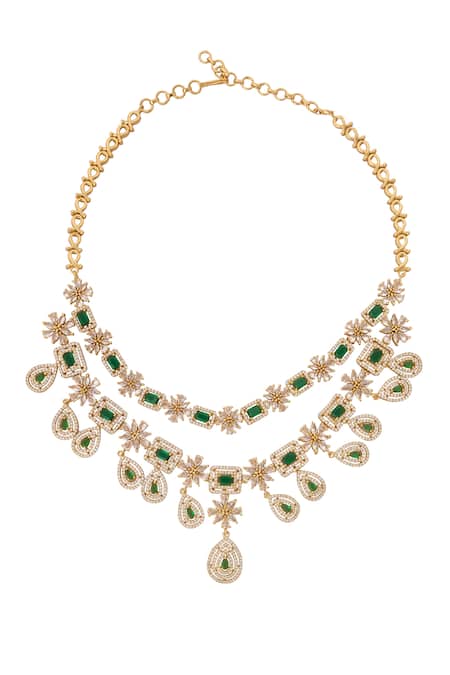 Nazaakat By Samara Singh_Green Crystals, Diamonds And Gold Embellished Necklace Set _at_Aza_Fashions