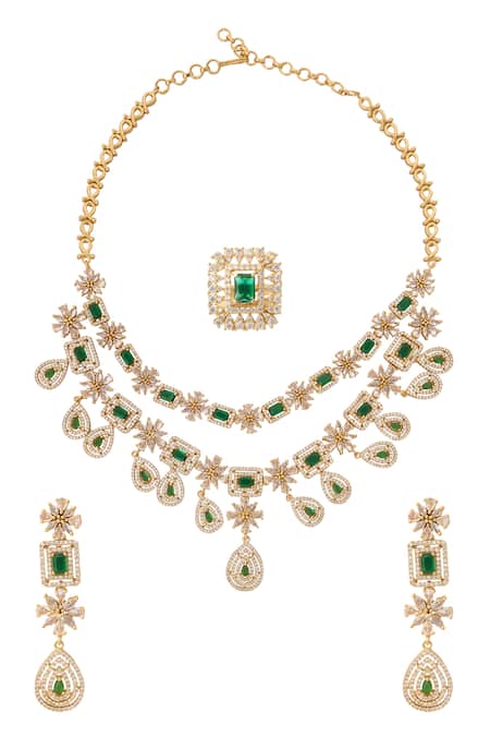 Nazaakat By Samara Singh Green & Gold Embellished Necklace Set 