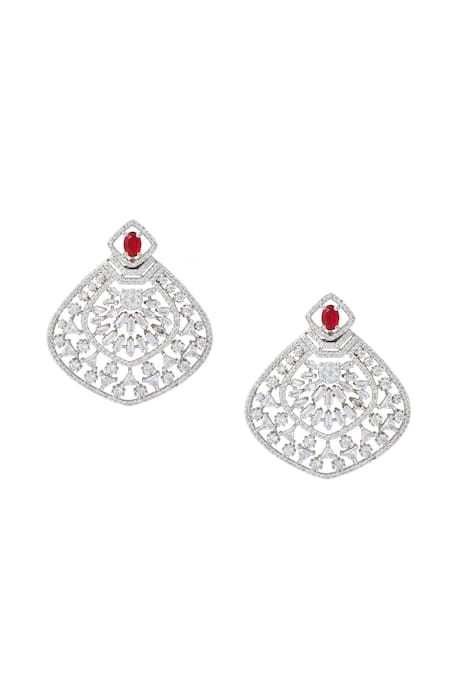Shop Nazaakat By Samara Singh Silver Plated Faux Diamonds And Ruby Embellished Pair Of Earrings at Aza Fashions Shop_Nazaakat By Samara Singh_Silver Plated Faux Diamonds And Ruby Embellished Pair Of Earrings_at_Aza_Fashions