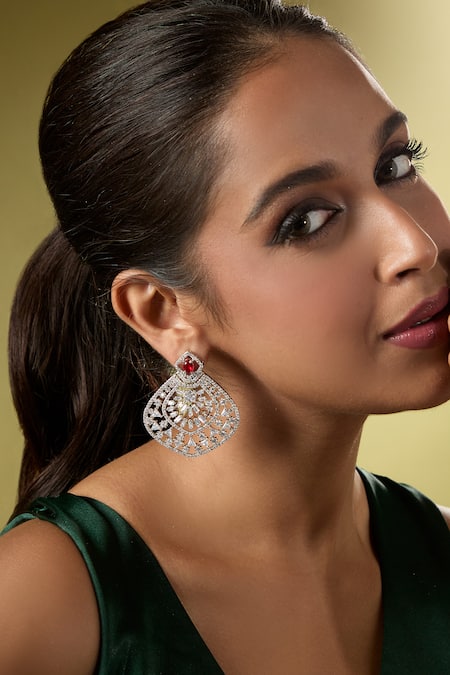 Nazaakat By Samara Singh Silver Plated Faux Diamonds And Ruby Embellished Pair Of Earrings 