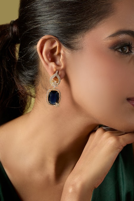 Shop_Nazaakat By Samara Singh_Blue Faux Diamonds Embellished Pair Of Earrings_Online_at_Aza_Fashions