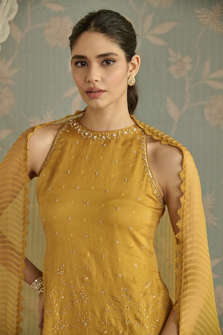 Kritika Dawar_Mustard Chanderi, Organza Pearls, Embroidery Halter Ira Hand Gharara Set _Online_at_Aza_Fashions