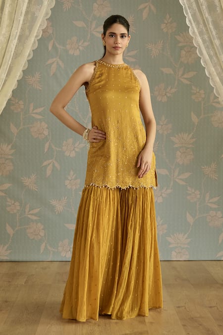 Buy_Kritika Dawar_Mustard Chanderi, Organza Pearls, Embroidery Halter Ira Hand Gharara Set _Online_at_Aza_Fashions