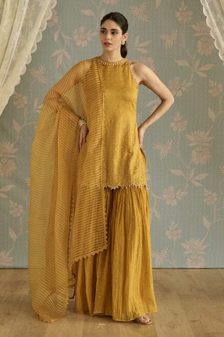 Shop_Kritika Dawar_Mustard Chanderi, Organza Pearls, Embroidery Halter Ira Hand Gharara Set _Online_at_Aza_Fashions