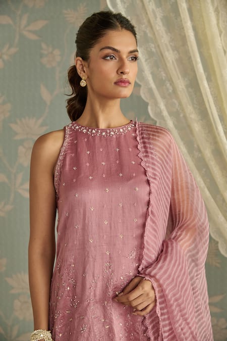 Buy_Kritika Dawar_Blush Chanderi, Organza Pearls Halter Ira Hand Embroidered Kurta Gharara Set _Online_at_Aza_Fashions