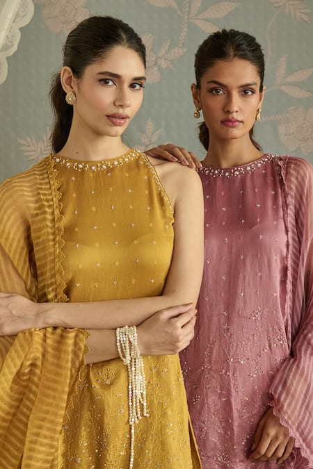 Shop_Kritika Dawar_Blush Chanderi, Organza Pearls Halter Ira Hand Embroidered Kurta Gharara Set _Online_at_Aza_Fashions