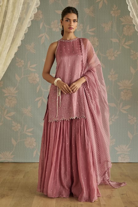 Kritika Dawar_Blush Chanderi, Organza Pearls Halter Ira Hand Embroidered Kurta Gharara Set _at_Aza_Fashions