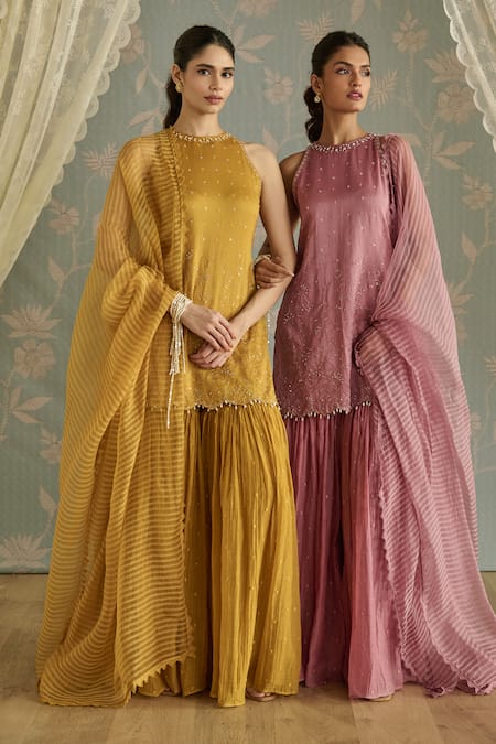 Buy_Kritika Dawar_Blush Chanderi, Organza Pearls Halter Ira Hand Embroidered Kurta Gharara Set 