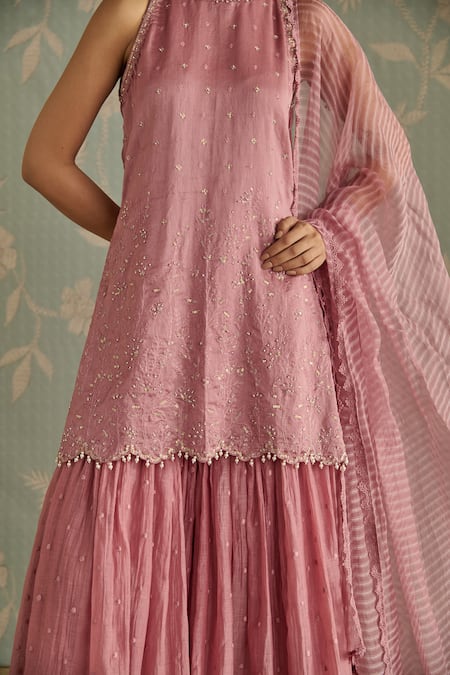 Shop_Kritika Dawar_Blush Chanderi, Organza Pearls Halter Ira Hand Embroidered Kurta Gharara Set 