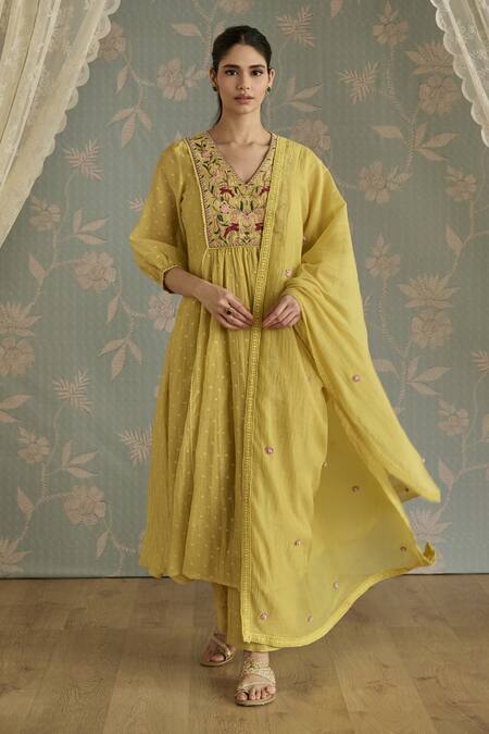 Shop Kritika Dawar Yellow Chanderi, Cotton Embroidery V-neck Zella Hand Kurta Set Online at Aza Fashions Shop_Kritika Dawar_Yellow Chanderi, Cotton Embroidery V-neck Zella Hand Kurta Set _Online_at_Aza_Fashions