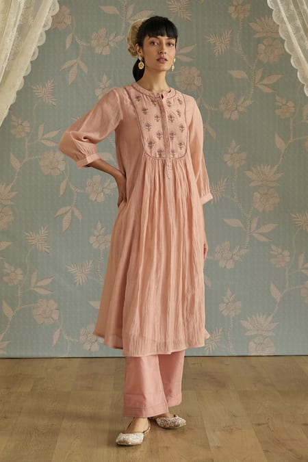 Kritika Dawar Pink Chanderi, Cotton Beads, Lace Round Neck Maira Embroidered Kurta Set 