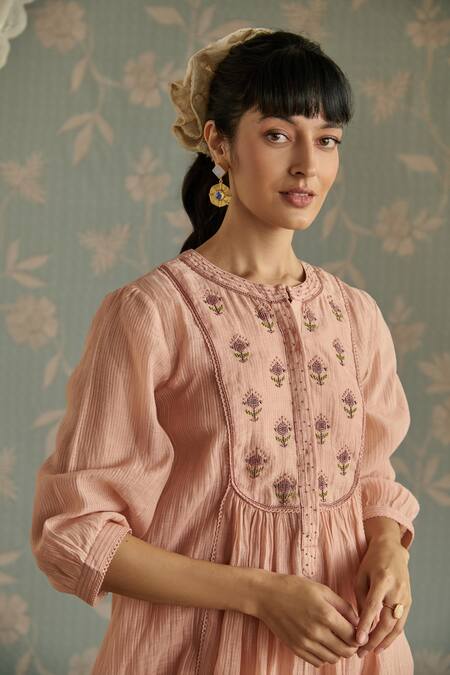 Buy_Kritika Dawar_Pink Chanderi, Cotton Beads, Lace Round Neck Maira Embroidered Kurta Set _Online_at_Aza_Fashions